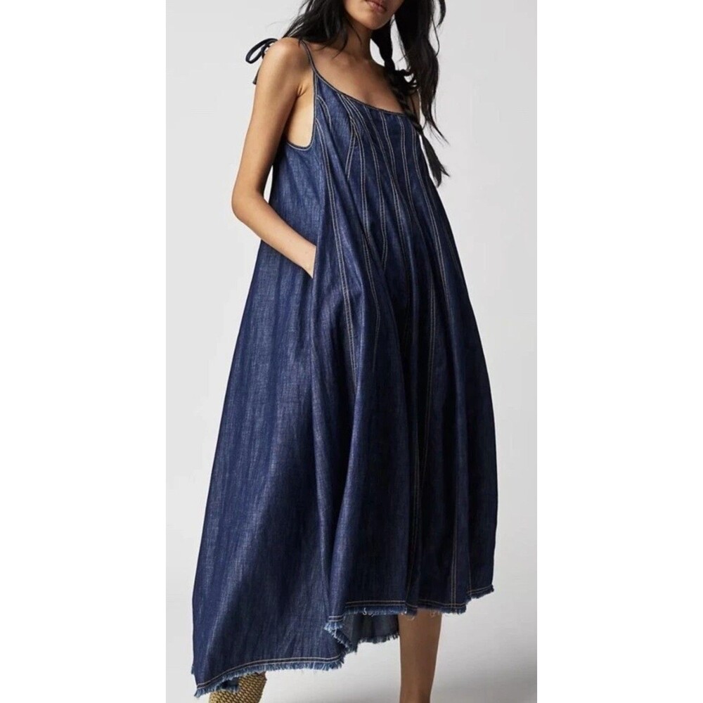 Free People Denim Dreams Denim Chambray Tie Shoulder Seamed Midi Sundress XL